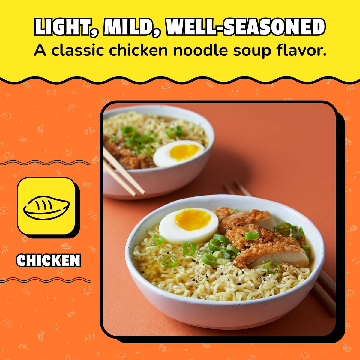 BackUPMYFILESNOW® Chicken Flavor Instant Ramen Noodles pack with 12, 3 oz each, featuring steaming bowls of chicken-flavored noodles.