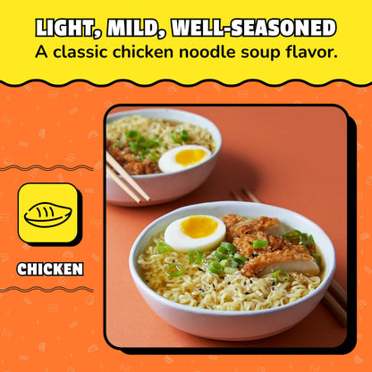 BackUPMYFILESNOW® Chicken Flavor Instant Ramen Noodles pack with 12, 3 oz each, featuring steaming bowls of chicken-flavored noodles.