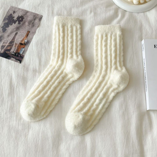 Thick solid-color mid-calf cotton socks for women by My Store