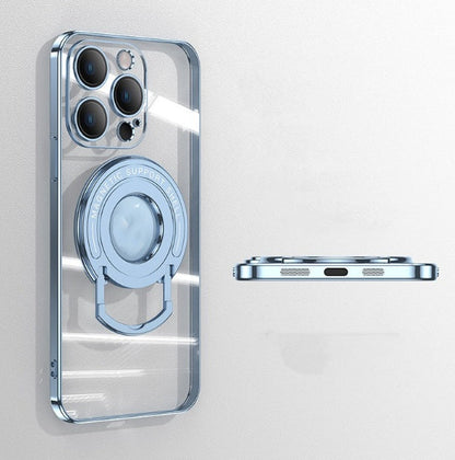 iPhone 15 transparent soft phone case with magnetic suction, electroplated trim, and invisible pull-rod bracket