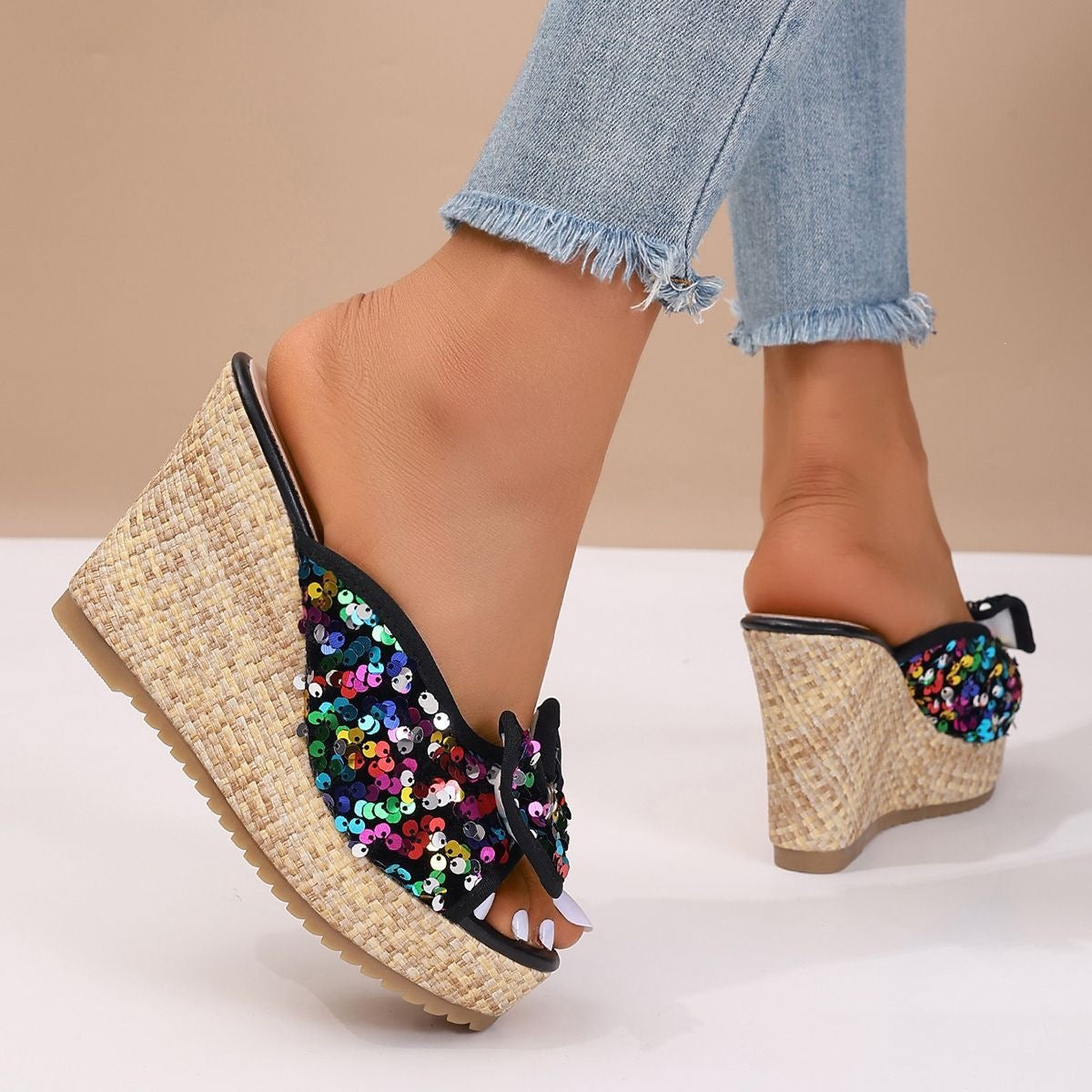 Stylish casual versatile slip-on elevating sandals with an elegant design, viewed from the side