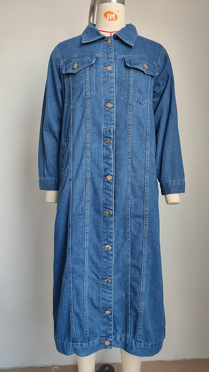 Washed long denim trench coat cardigan for women with button front and relaxed fit