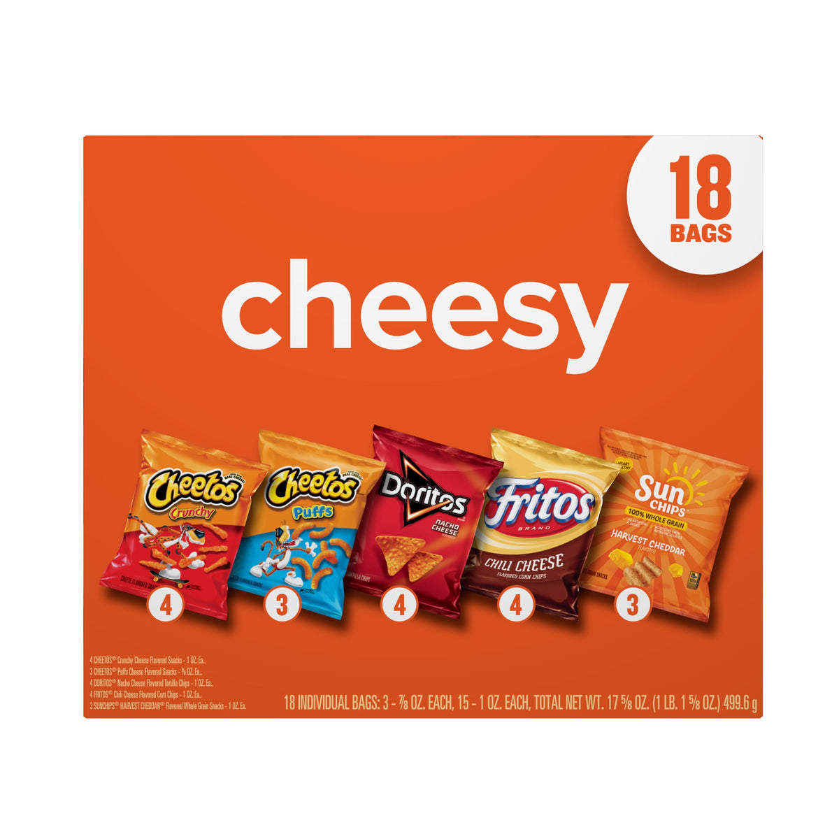 Assorted BACKUPMYFILESNOW® Cheesy snack chips variety pack with 18 colorful bags of crunchy snack chips in a box.