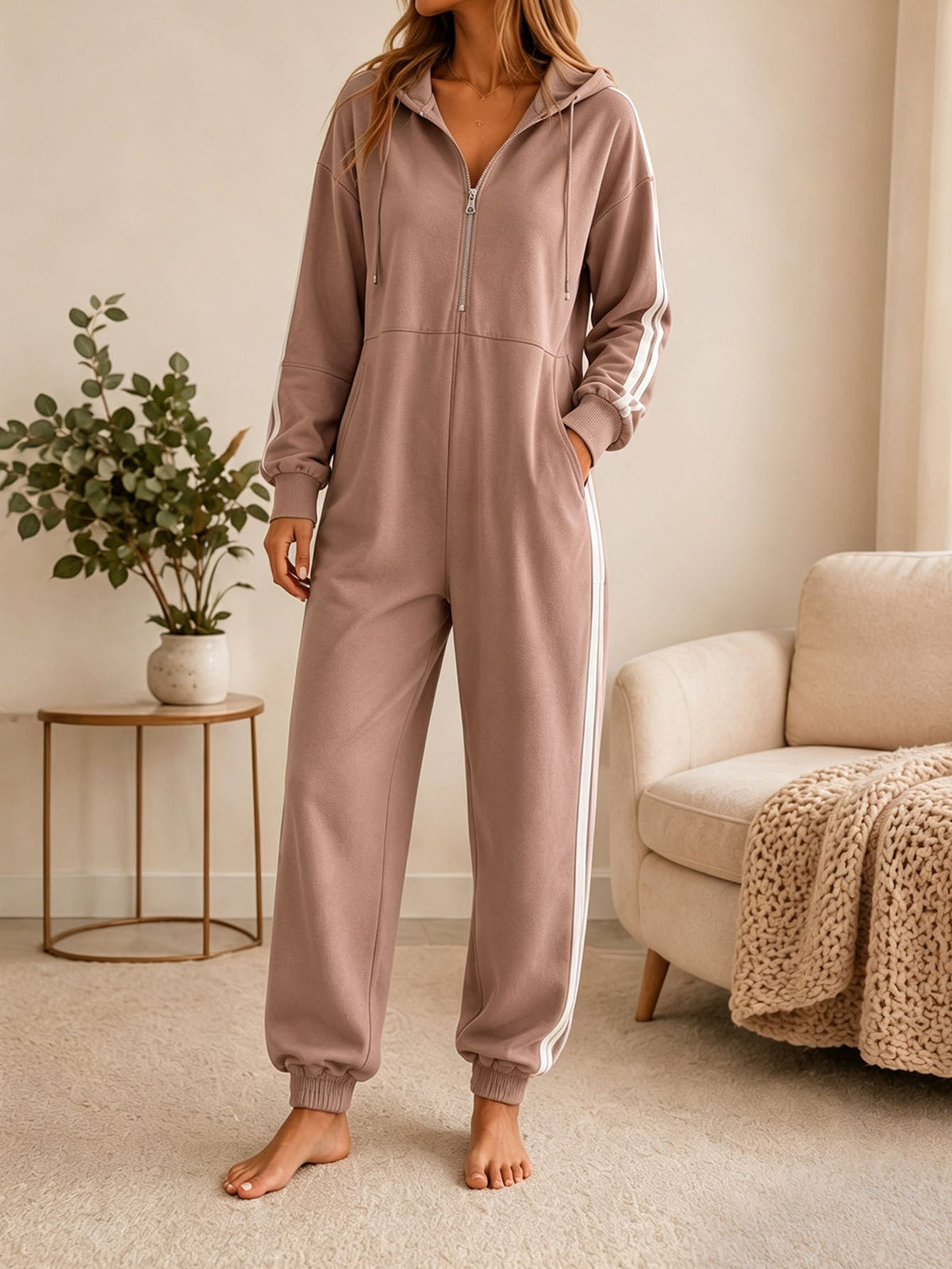 Women's loose-fitting hooded zip-up jumpsuit by My Store
