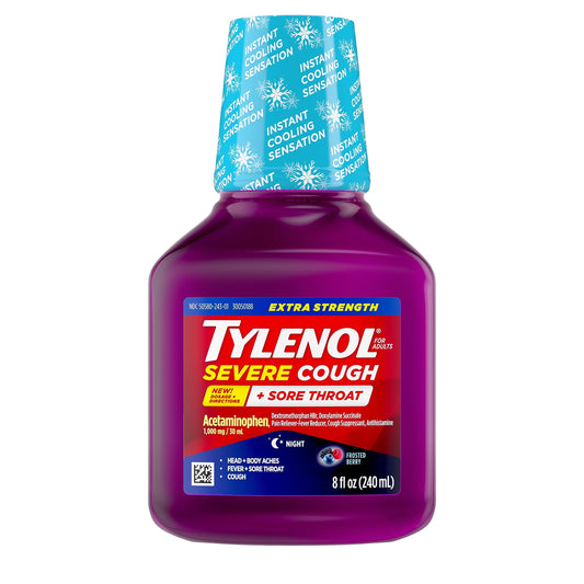 Tylenol Severe Nighttime Cold & Flu Relief liquid in an 8 oz bottle, showing the medication with a label and cap.