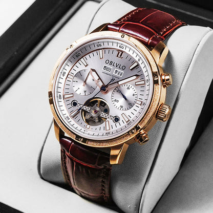 Men's multi-functional hollowed fashion watch with openwork dial and visible mechanical details