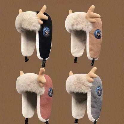 Women's winter plush thickened warm deer antler hat with soft fabric and antler details