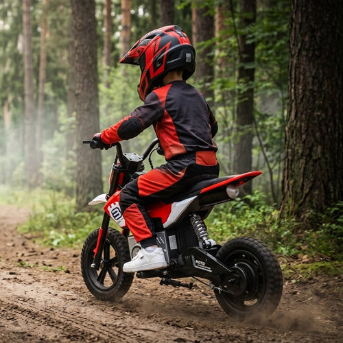 Kids riding a GBruno Store 24V electric motocross ride-on motorcycle designed for children ages 5-12 outdoors.