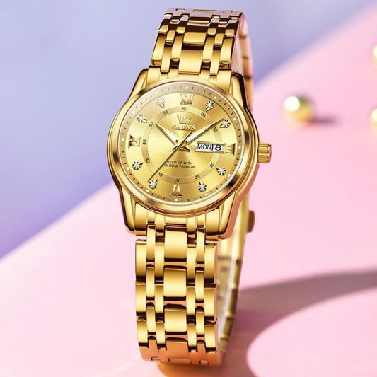 Roman scale fashion calendar quartz watch, waterproof ladies' wristwatch with classic round dial and metal strap