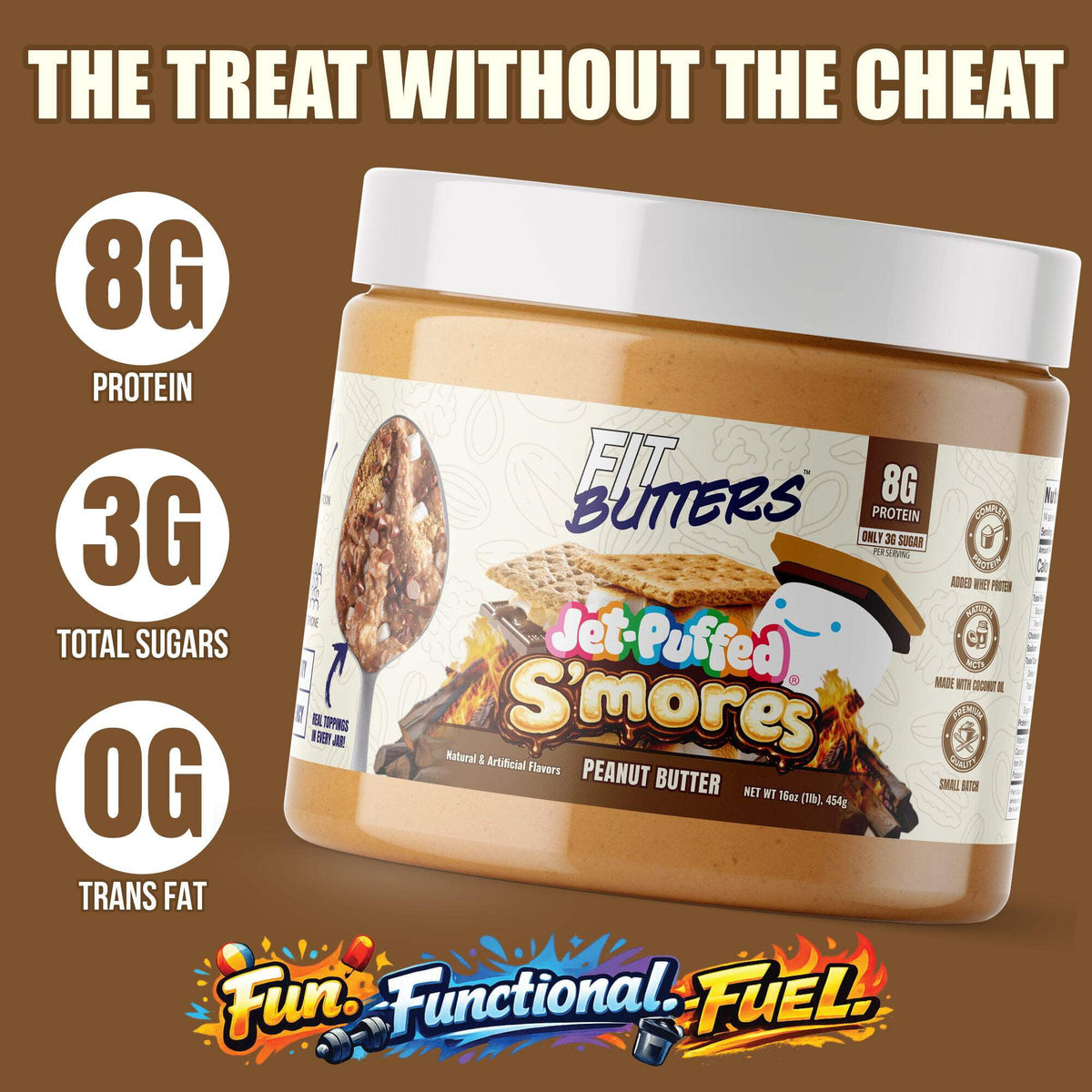 Creamy Fit Butters JET-PUFFED S'Mores peanut butter jar with label showing marshmallow and graham cracker flavor elements.