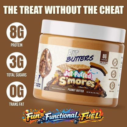 Creamy Fit Butters JET-PUFFED S'Mores peanut butter jar with label showing marshmallow and graham cracker flavor elements.