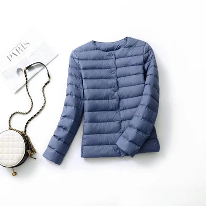 Women's lightweight white duck down jacket front view