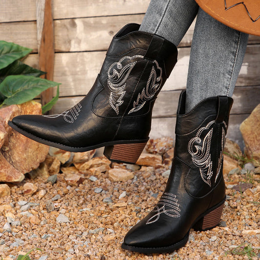 Western cowboy embroidered chunky heel mid-calf vintage boots in a versatile design