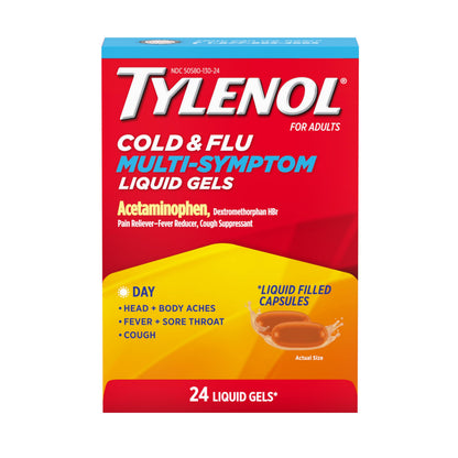 BackupMyFilesNow Tylenol Daytime Multi-Symptom Cold & Flu Liquid Gels, 24 count, showing the medication bottle and packaging.