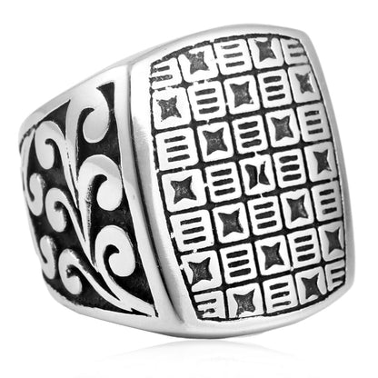 Retro square titanium steel ring close-up with geometric design