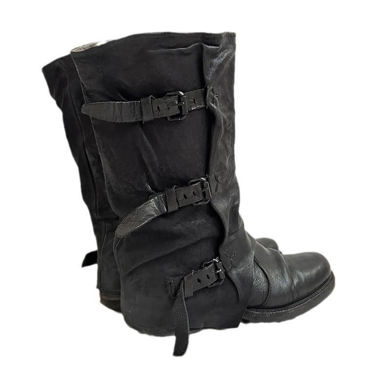 Women's retro pleated mid-calf boots with leather buckles in a classic design