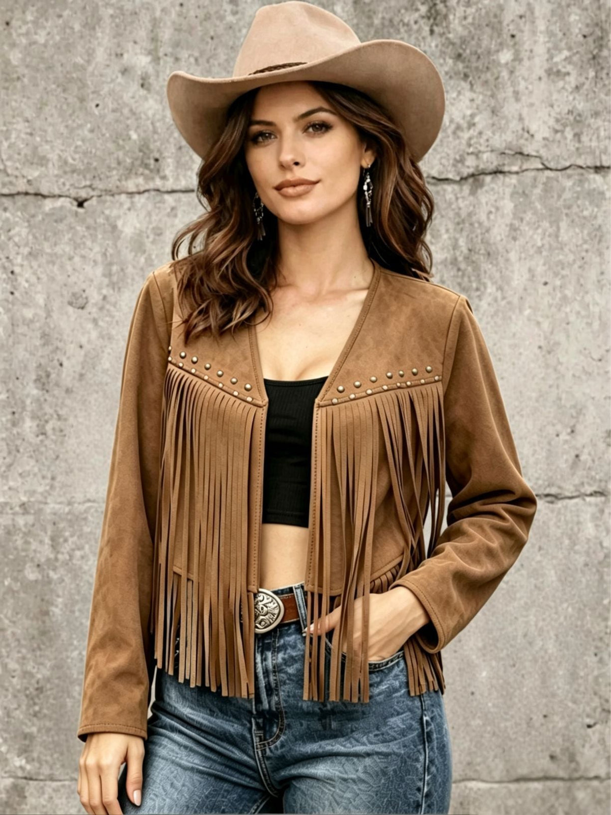 Women's solid-color rivet-embellished long-sleeve cardigan coat in a structured silhouette