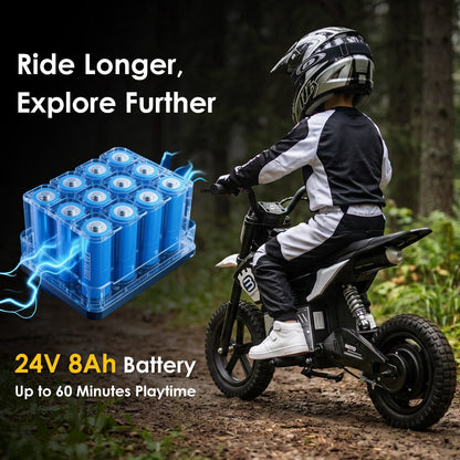 Kids riding a 24V GBruno Store electric motocross ride-on motorcycle, designed for children ages 5 to 12, outdoors.