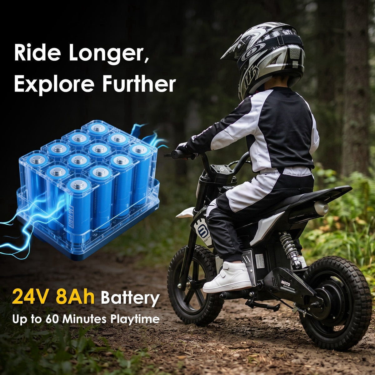 Kids riding a 24V electric motocross ride-on motorcycle for children ages 5-12, featuring a sporty design and safety features.