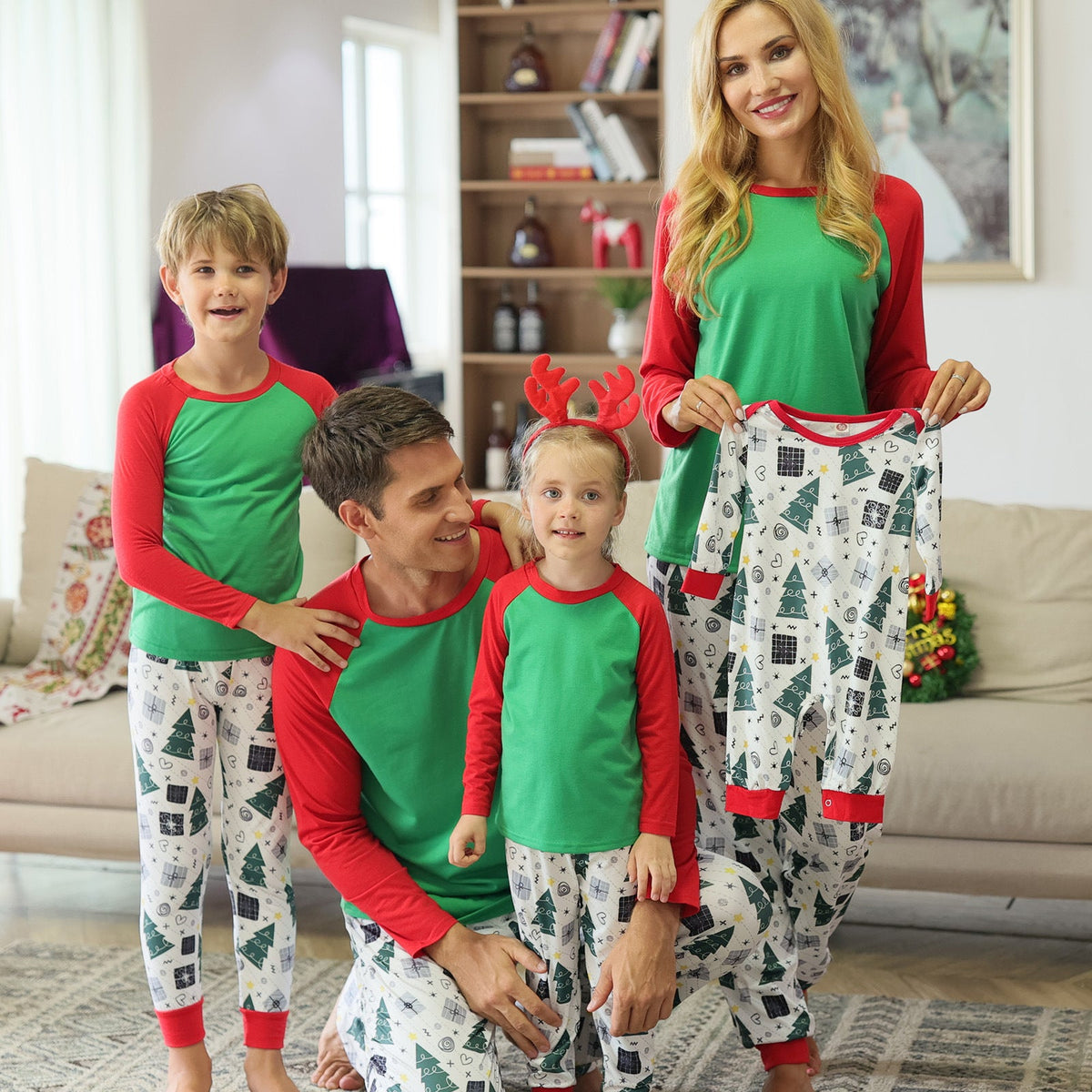 Christmas parent-child homewear with printed raglan sleeves, showing matching family pajamas in festive designs