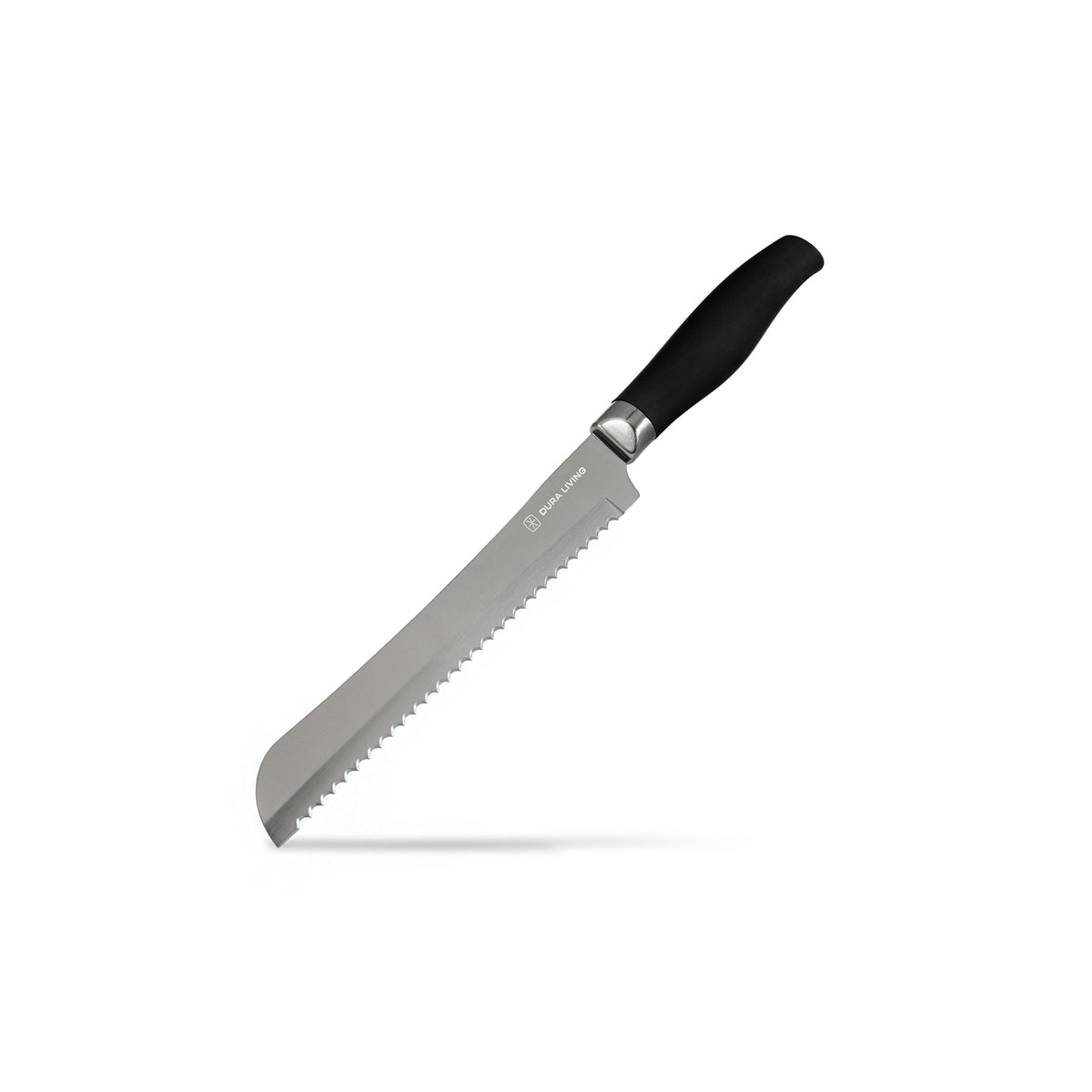 Dura Living Titan 12-piece black kitchen knife set with various knives and a wooden storage block on a countertop.