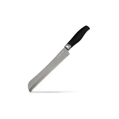 Dura Living Titan 12-piece black kitchen knife set with various knives and a wooden storage block on a countertop.