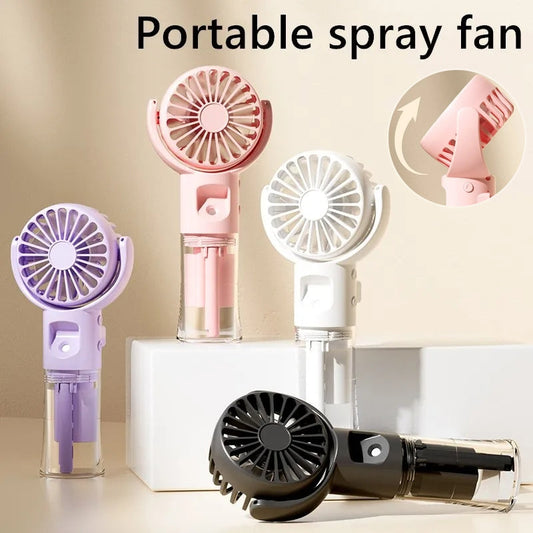 Portable handheld spray mist fan with 4-speed settings and USB charging for outdoor summer cooling