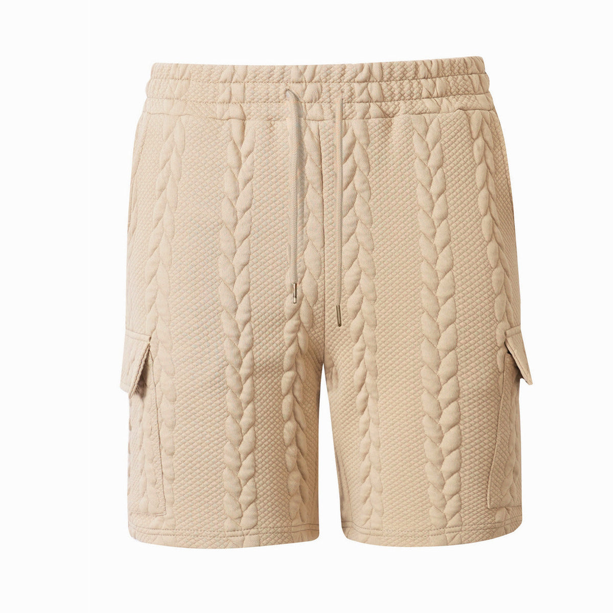 Men's drawstring jacquard casual shorts in a textured woven pattern.