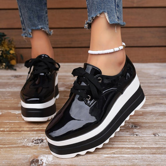 Women's lace-up square-toe patent leather platform wedge heels in black