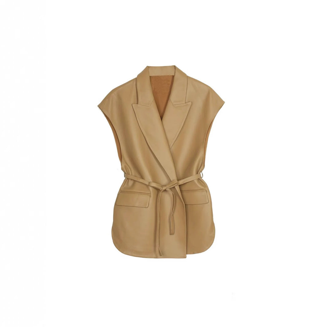 Women's sleeveless PU leather vest for fall and winter fashion, front view