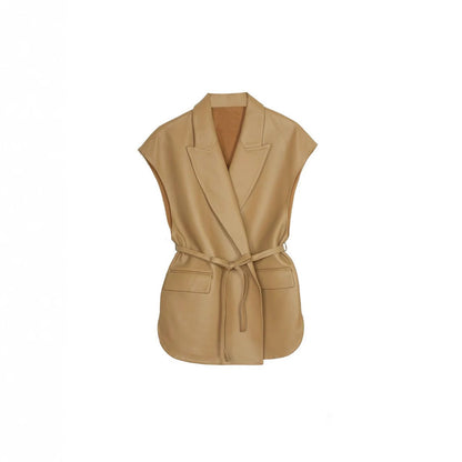 Women's sleeveless PU leather vest for fall and winter fashion, front view