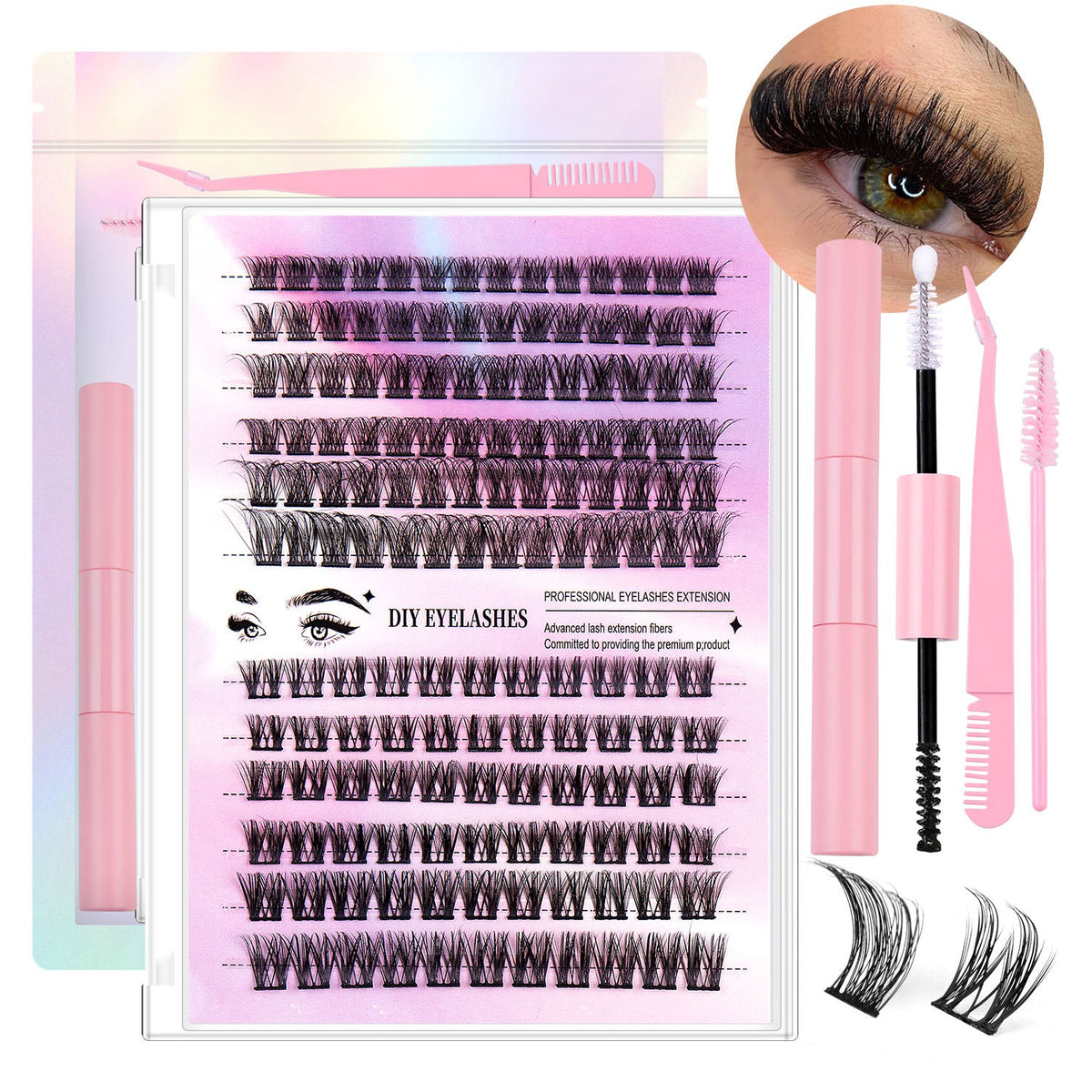 12 rows of 150 segmented cluster lashes in varying lengths, Type 4 false eyelashes packaging