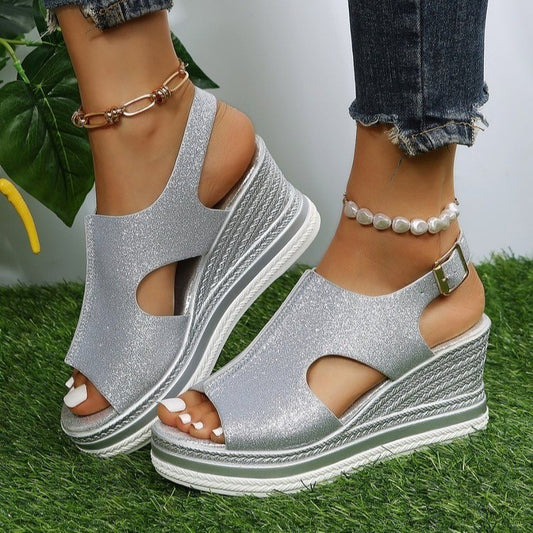Plus size Roman style wedge heeled sandals by BACKUPMYFILESNOW® featuring summer-ready design and tan leather straps.