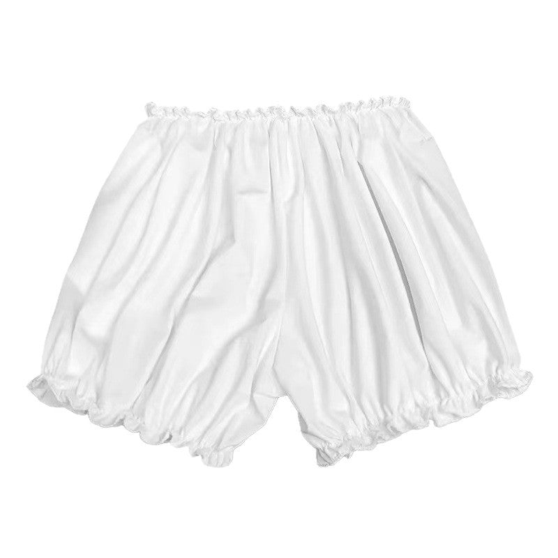 White pumpkin-style safety shorts for women, loose bubble lounge leggings with inner mini shorts layer