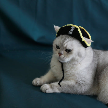 Small handmade pirate hat pet costume for leaky ear, featuring a black design with pirate details