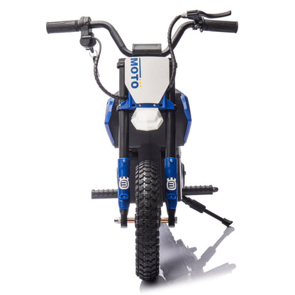 Kids riding a 24V electric motocross ride-on motorcycle from GBruno Store, designed for children ages 5 to 12.