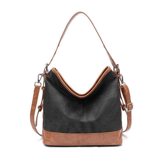 BackupMyFilesNow large black designer ladies hobo bag with denim pattern, vegan PU leather shoulder bucket purse for women.