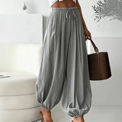 Women's summer loose drawstring wide-leg cropped harem pants with draped effect