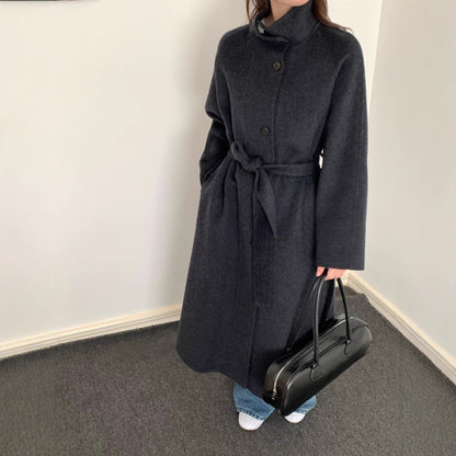 Women's long wool coat with single-breasted design in a classic silhouette