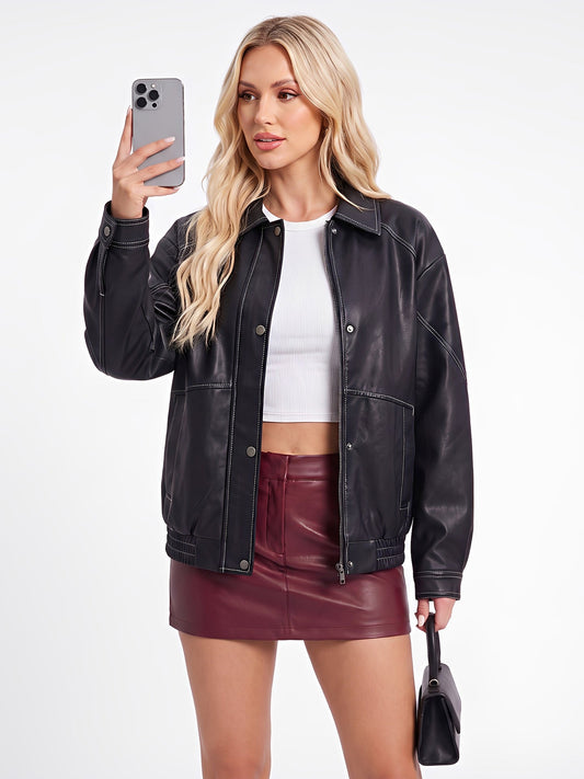 Women's imitation leather oversized motorcycle style jacket with front zipper and long sleeves