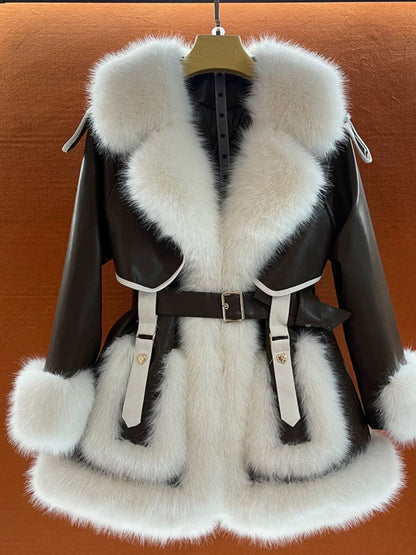 Elegant women's fur coat with a large fur collar, full-length design in a soft, textured finish