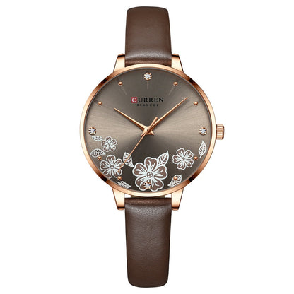 Women's waterproof casual leather small-dial watch with a classic round face and leather strap