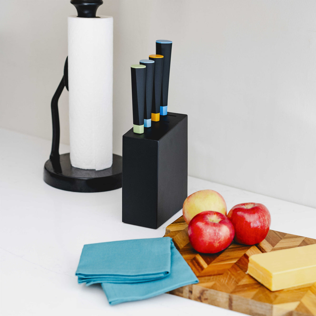 Dura Living Artistic Edge 5-piece knife block set with stainless steel kitchen knives displayed in a wooden block.