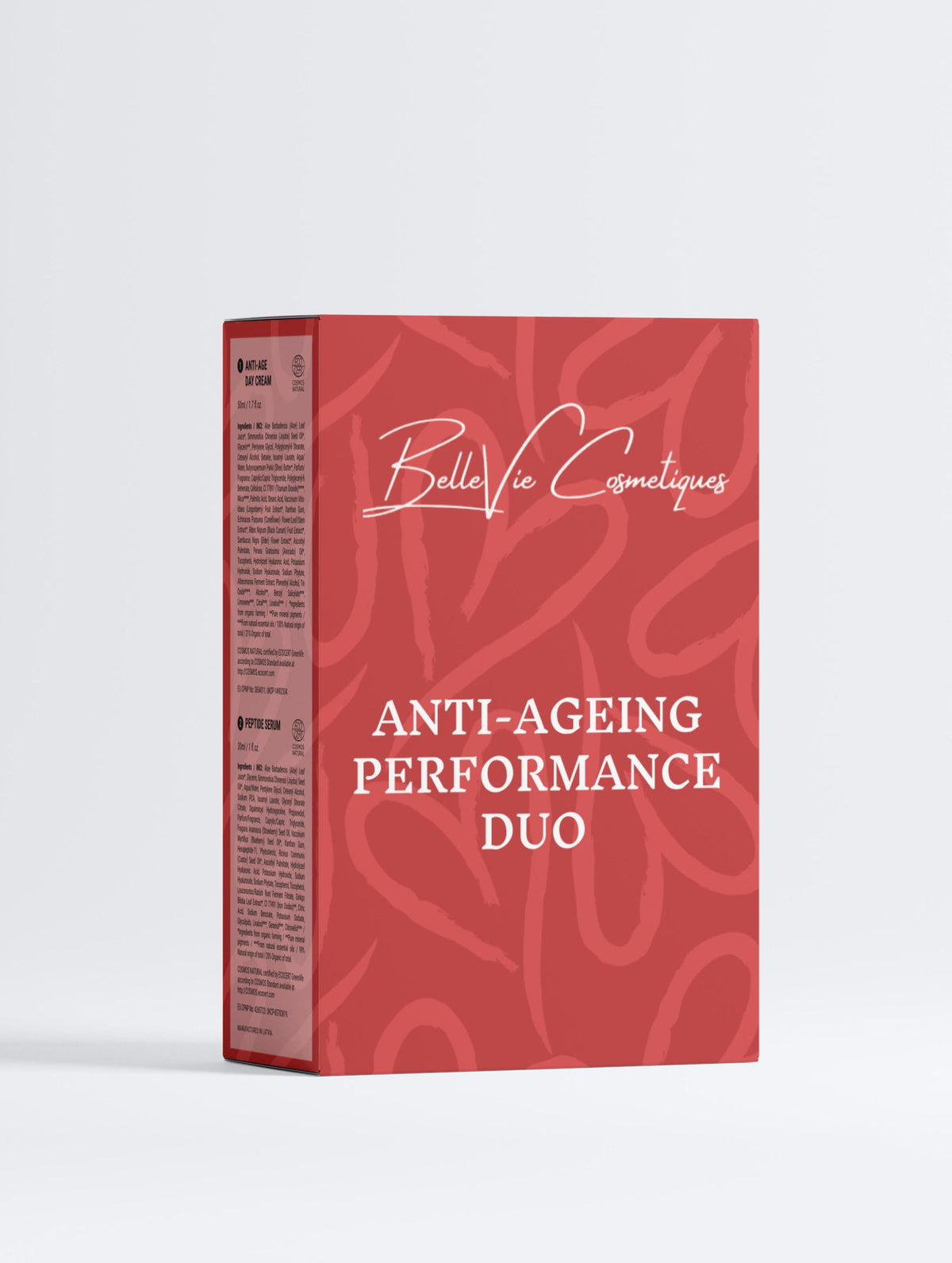 BelleVie Cosmétiques Performance Duo anti-aging skincare set with peptide serum and day cream, displayed in elegant packaging.