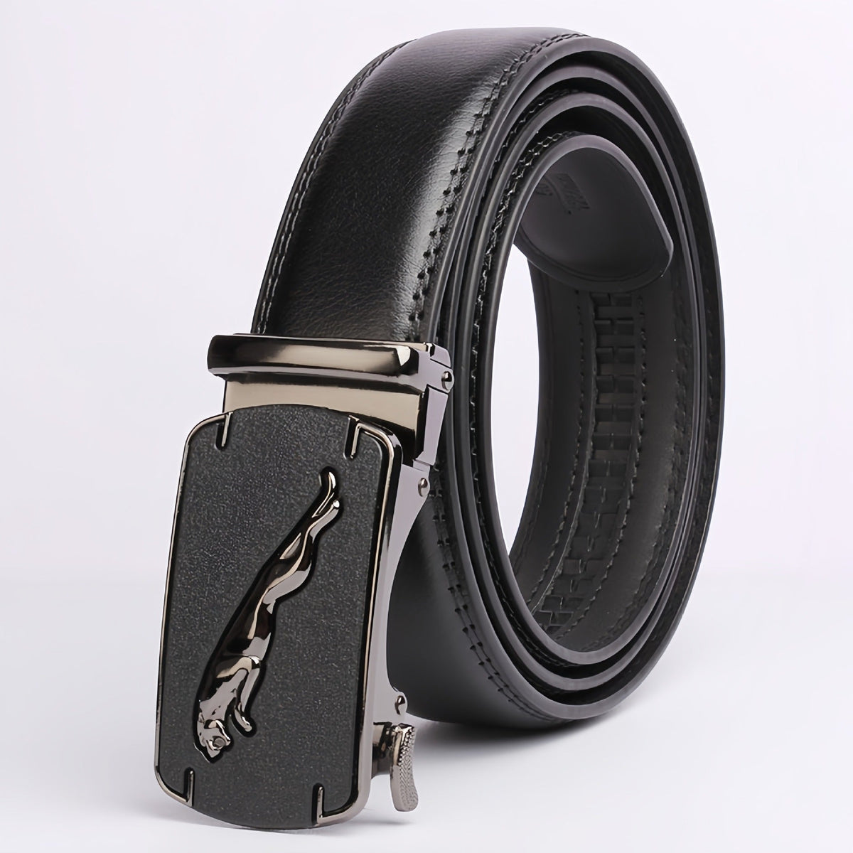 Men's genuine leather belt with automatic buckle, shown in black with a sleek rectangular clasp