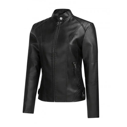 Women's fashionable short washed-leather zip-up jacket in a classic fitted style