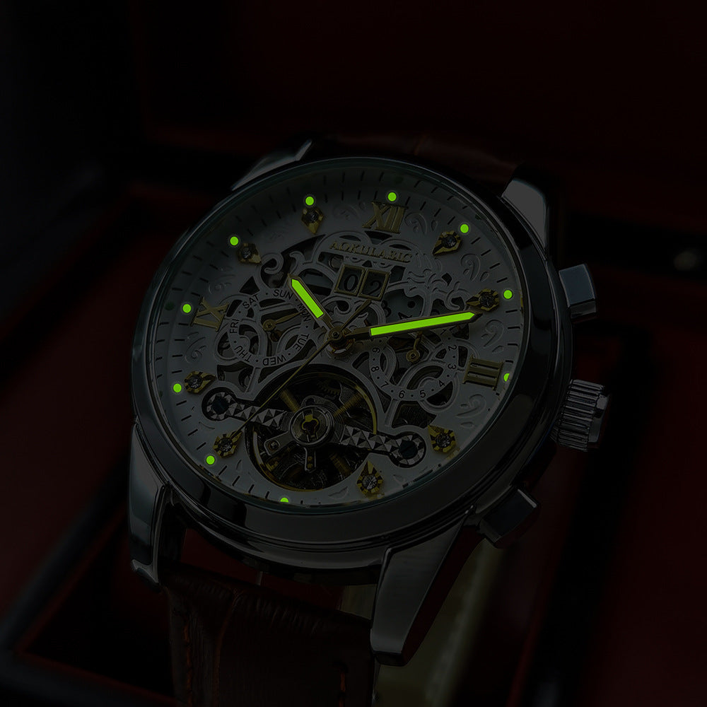 Men’s large-rotor skeleton automatic mechanical watch with visible movement and transparent dial-back design