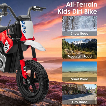 Kids riding a 24V GBruno Store electric motocross ride-on motorcycle designed for children aged 5 to 12.