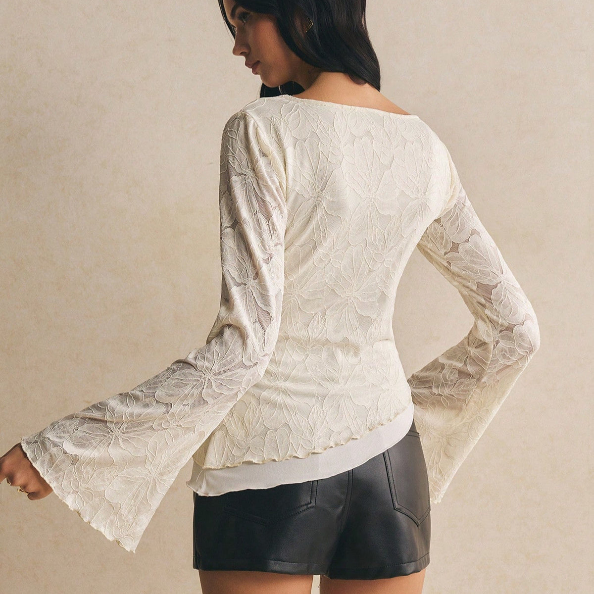 Women's lace-panel long-sleeve embroidered top by My Store