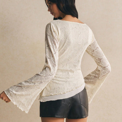 Women's lace-panel long-sleeve embroidered top by My Store